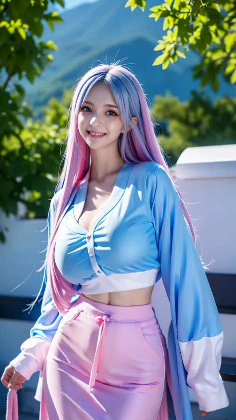 1 girl, cartoon《Boruto》Eida in, long hair , blue and pink hair, blue eyes, beautiful, White clothes, Smile, big breasts, actual clothes, Detail clothes, city background, Ultra-detailed, actual