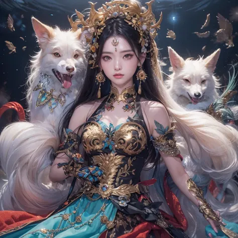 Feitian Nine Tails Light Blue Celestial Master Flame Hairy Fox Star,novel,Torch Night Black Gold Orange Snake Print Silk Trousers,Rouge Diamond Tulle Sheer Lizard Print,Fat girl flying in space in the snow 1:900 miniatures,Front view,pure transparency,put ...