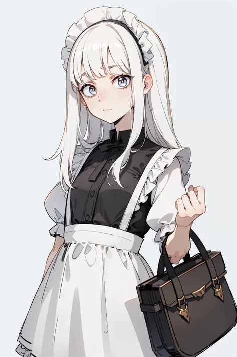 (masterpiece, best quality, ultra high quality, ratatatat74 style:1.1), ((portrait)), 1girl, solo, young with long hair, pure white hair, straight hair, blunt bangs, ((light gray eyes, white pupils)), ((white pupils)), ((bags under eyes)), small breasts, f...