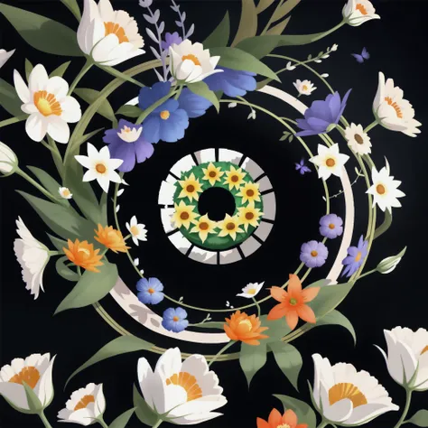 A hollow circle composed of flowers，solid color background