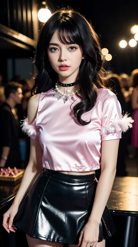 (night), black fluffy hair, black fluffy hair, black fluffy hair, yellow eyes, look chic and cute, the color for outfits is pink and white(cute Sweet Disco Royale satin mini skirt, feather and pearl top, pink Doreen shirt from, Touch Of Shine Butterfly Cho...