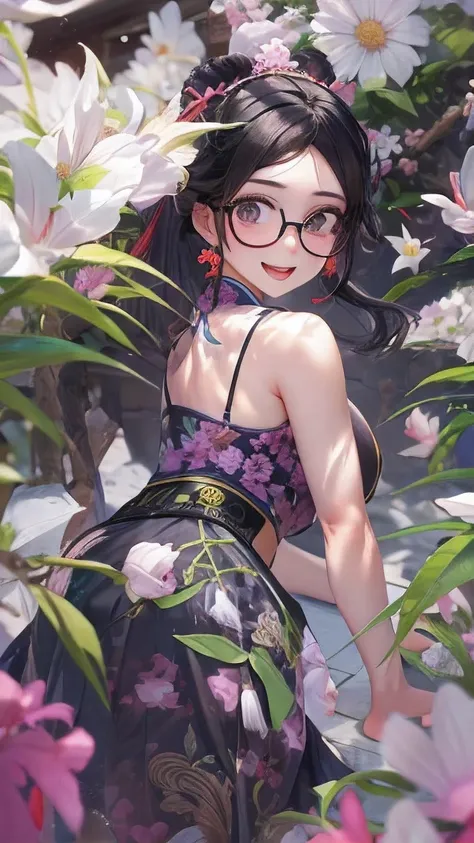 actual, 1 Chinese Fan Bingbing girl,Glasses， black hair, big eyes, Smile，open mouth，big breasts，glowing eyes, crop top, skirt, open lips,charming， night, flowers, sun, sunlight,