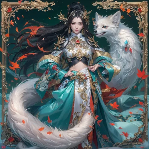 Feitian Nine Tails Light Blue Celestial Master Flame Hairy Fox Star，novel，Torch Night Black Gold Orange Snake Print Silk Trousers，Rouge Diamond Tulle Sheer Lizard Print，Fat girl flying in space in the snow 1:900 miniatures，Front view，pure transparency，put ...