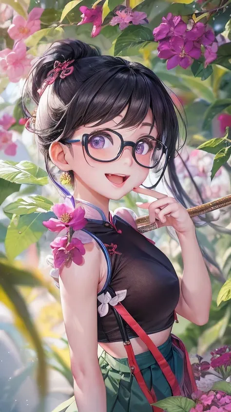 actual, 1 Chinese Fan Bingbing girl,Glasses， black hair, big eyes, Smile，open mouth，big breasts，glowing eyes, crop top, skirt, open lips,charming， night, flowers, sun, sunlight,