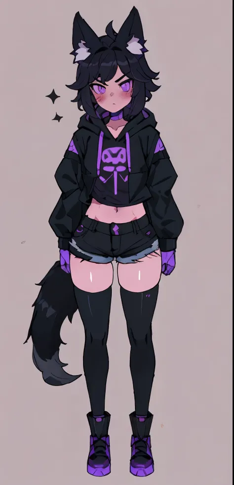 male, Anime Femboy, Short, Long black hair, long fox tail, wearing jean short shorts, black and purple striped thigh high socks, black combat boots, wearing cropped black hoodie, solo, wide hips, thicc thunder thighs, nice butt, lobo written on hoodie, wea...