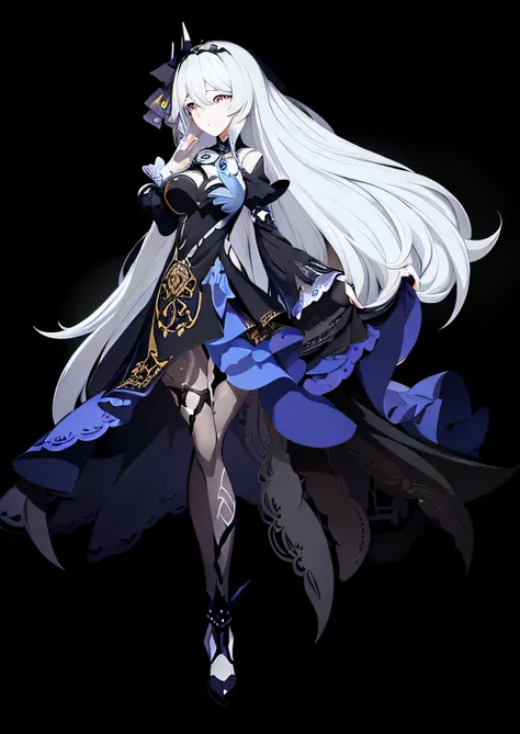 Anime girl with long white hair and a blue dress sitting on a chair, gothic otome anime girl, !!full body portrait!!, anime girl in a black dress, Anime full body illustration,  wearing a dress, From Dolls Frontline, gray hair, perfect gray hair girl, gray...