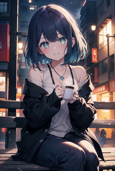 akanekurokawa, akane kurokawa, aqua eye, blue hair, medium hair, side lock,blush,smile,mouth open,black long coat　there is an op...