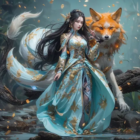 Feitian Nine Tails Light Blue Celestial Master Flame Hairy Fox Star，novel，Torch Night Black Gold Orange Snake Print Silk Trousers，Rouge Diamond Tulle Sheer Lizard Print，Fat girl flying in space in the snow 1:900 miniatures，Front view，pure transparency，put ...