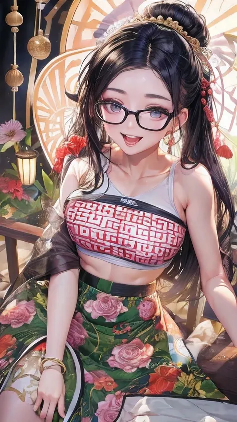 actual, 1 Chinese Fan Bingbing girl,Glasses， black hair, big eyes, Smile，open mouth，big breasts，glowing eyes, crop top, skirt, open lips,charming， night, flowers, sun, sunlight,