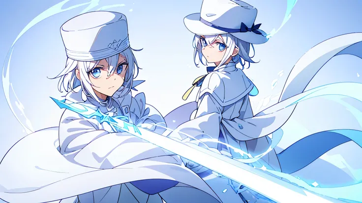 Create a character that has a hat with a small chip with white hair with all white clothes with white sleeves and his skin is white with a white hat and I also want him to have a sword behind him and it is very white anime theme