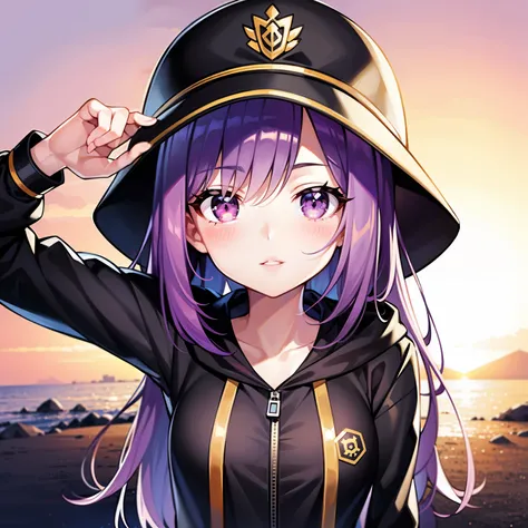 ((1girl, solo)), purple hair, long hair, purple eyes, grey, +_+, long sleeves, smile, (((parted lips))), hood down, (badge on hat), symbol-shaped pupils, looking at viewer, details eyes, absurdres, half body, ((sunset)), top view, (day time, sunny)