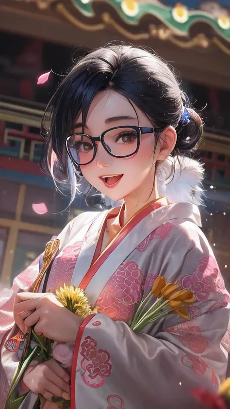 actual, 1 Chinese Fan Bingbing girl,Glasses， black hair, big eyes, Smile，open mouth，big breasts，glowing eyes, crop top, skirt, open lips,charming， night, flowers, sun, sunlight,