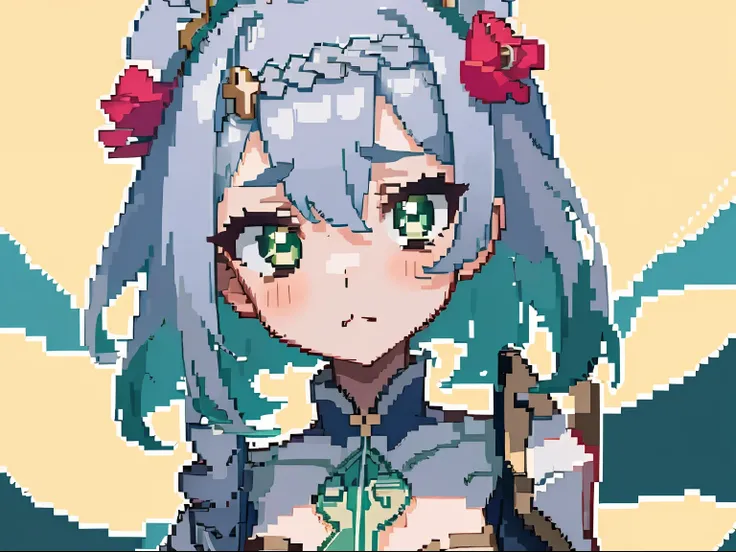 masterpiece, high quality, hcnone, pixel art, 1girl, noelle genshin impact, silver hair, green eyes, simple gold color background