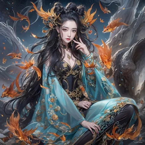 Feitian Nine Tails Light Blue Celestial Master Flame Hairy Fox Star,novel,Torch Night Black Gold Orange Snake Print Silk Trousers,Rouge Diamond Tulle Sheer Lizard Print,Fat girl flying in space in the snow 1:900 miniatures,Front view,pure transparency,put ...