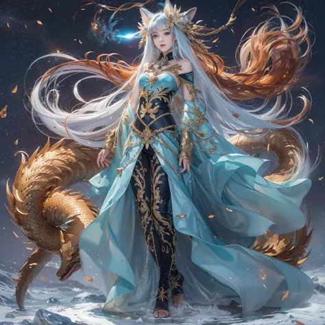 Feitian Nine Tails Light Blue Celestial Master Flame Hairy Fox Star，novel，Torch Night Black Gold Orange Snake Print Silk Trousers，Rouge Diamond Tulle Sheer Lizard Print，Fat girl flying in space in the snow 1:900 miniatures，Front view，pure transparency，put ...