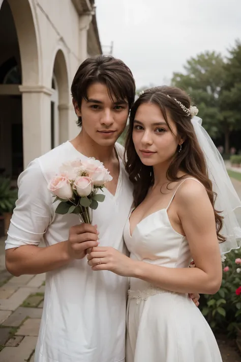 Girl in her wedding wearing white wedding dress holding carnations flower seeing a man who was her childhood friend