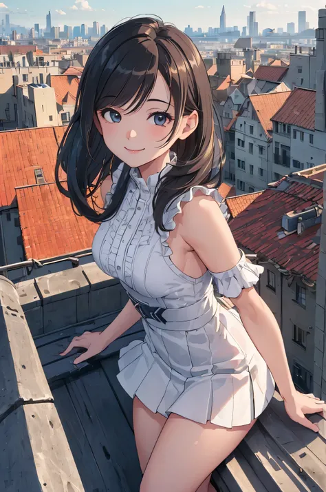 (best quality, masterpiece, RAW photo,ultra-detailed:1.2), 1girl ,looking at viewer, smile,rooftop, from above, city,