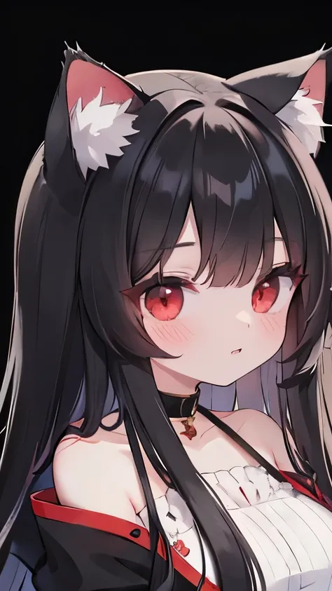 long black hair，Cat-eared girl，red eyes，Cat ears