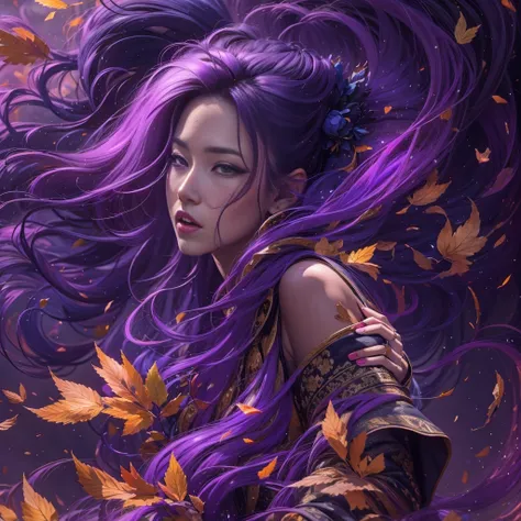 32k（masterpiece，HD，Ultra high quality，32k）Bright purple long flowing hair，autumn pond，Ziddink， a color，  Asian （Silly girl）， （silk scarf）， fighting stance， looking at the ground， long white hair， Floating bright purple， Fire cloud gold headdress， Chinese l...