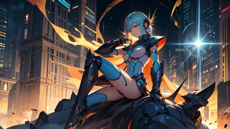 Sozinha, 1 mulher, Foco feminino, android, armadura azul, olhos verdes, obra de arte, alta qualidade, arm cannon, sitting on the edge of the top of a building in Tokyo - the cyberpunk city in the background, SSCI - FI, fantasia, intricado, muit bonita, ele...