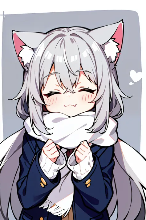 Masterpiece, Excellent, 1girl, gray hair, medium long hair, cat ears, closed eyes, looking at the audience, :3, cute, scarf, jacket, white background, fang, high quality, UHD