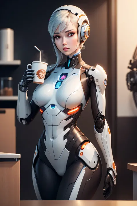 Female robot drinking coffee in the break room　The whole body is made of a machine　relieved expression, Hmm, retina, masterpiece, Accurate, anatomically correct, rough skin, Super detailed, advanced details, high quality, Awards, 最high quality, High resolu...