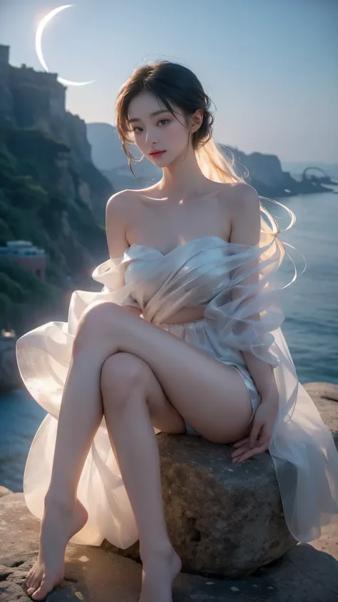 (masterpiece, best quality:1.2), 1girl, solo, ((gufeng,bare shoulders)), at the hilltop，Moonlight，((sitting position, sitting at the edge of a cliff)), figure of heroine，Slender sexy legs，very beautiful legs，Leaking sexy legs，Big breasts，beauty, mystery。脸庞...