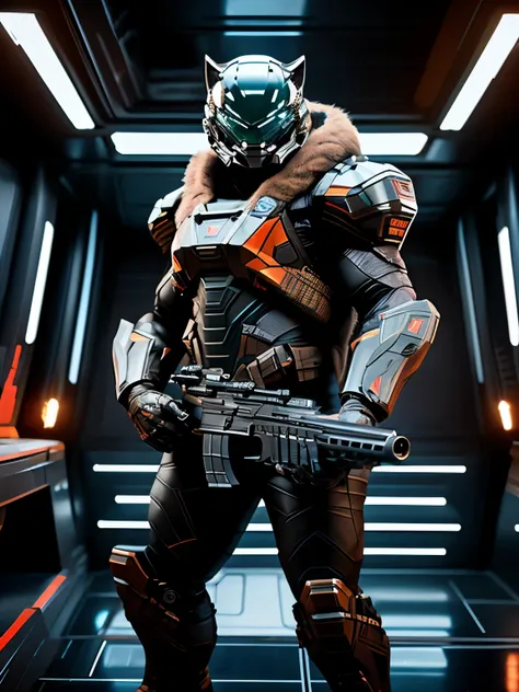 a bobcat in battle armor holding a rifle while standing on a spaceship bridge, photo realistic, hyper realistic,  futuristic spaceship, futuristic marine, masterpiece, futuristic soldier