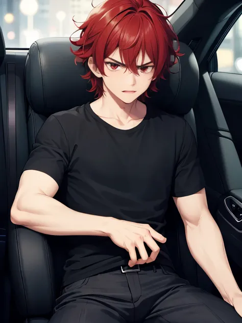 1boy, cool style,Black t-shirt,Sitting in the car seat,Angry expression, at night,white car,handsome,Shoulder length hair,curly hair, red hair,black trousers, black shirt, red eyes, vampire