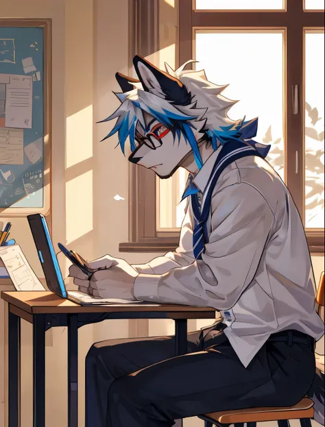 male gray wolf，Long white hair with blue highlights，Blue-red eyes，gold frame square glasses，Sitting in the classroom and studying，Wearing blue and white school uniform，Slim stature，The seat is in the back row by the window ，at dusk