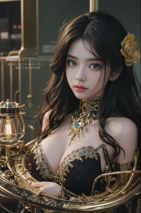 best quality、Masterpiece、ultra-high-resolution、(photoreallistic:1.4)、Raw photo、1 girl with big、Black hair、glowy skin、1 Mechanical Girl、((hyper realistic detail))、portlate、Global Illumination、Shadow、octane rend、8K、ultrasharp、big tit、Raw skin is exposed in c...