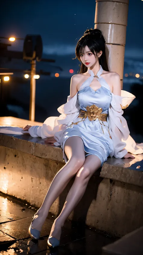 yinziping,china dresasterpiece, best quality:1.2), 1girl, solo, ((gufeng,bare shoulders)), at the hilltop，moonlight，((night)), (...