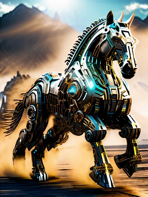 (a herd of robotic horses running across a field), animalbots, ((photo realistic)), hyper realistic group of mechanical horses, ...