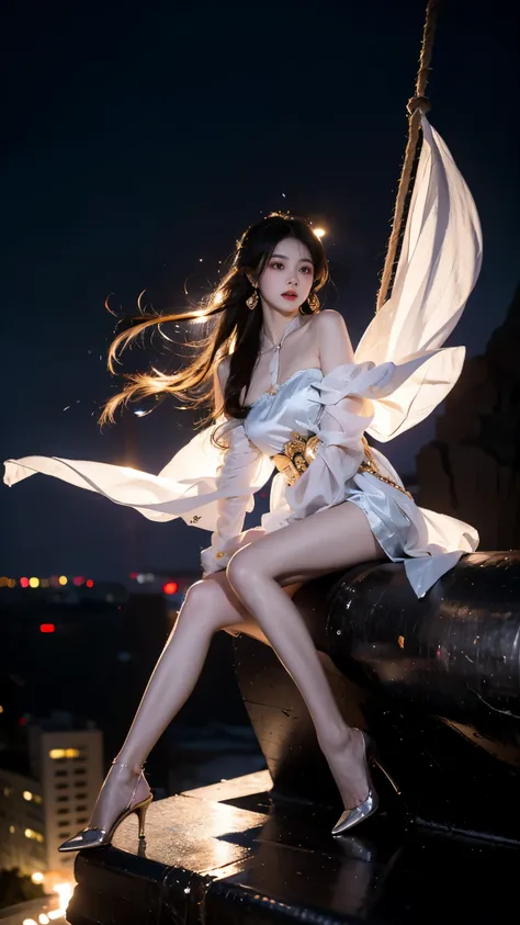 yinziping,china dresasterpiece, best quality:1.2), 1girl, solo, ((gufeng,bare shoulders)), at the hilltop，moonlight，((night)), (...