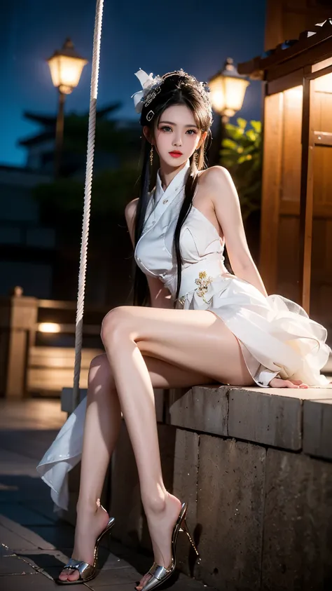 BAINV, (masterpiece, best quality:1.2), 1girl, solo, ((gufeng,bare shoulders)), at the hilltop，Moonlight，((night)), ((full body)), ((from below)), ((sitting position, sitting at the edge of a cliff)), figure of heroine，Slender sexy legs，very beautiful legs...