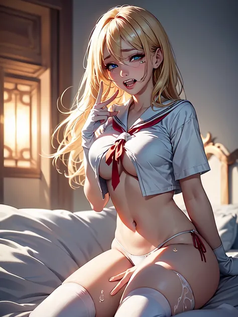 masterpiece, (1 woman), (((solo:1.8))), ((Micro thong:1.3)), (((under boob:1.3))),  ((Crop Top shirt:1.3)), sitting, ((spread legs, one knee up)), (Sailor school uniform only for the upper body), summer clothes, ((Red Ribbon Tie)), ((sheer white long thigh...