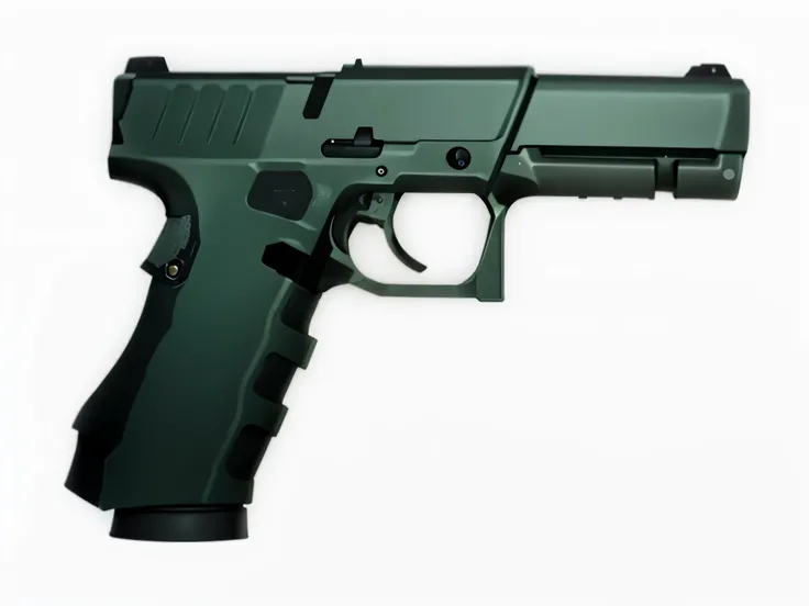 a green gun with a black handle on a white background, P90, Glock, handgun, airsoft handgun, pistol, airsoft electric pistol, silenced pistol, Lux 3 5 Fleur, realistic gun, smg, haggard side view, gun, detailed pistol trigger, realistic arms, handguns, ful...