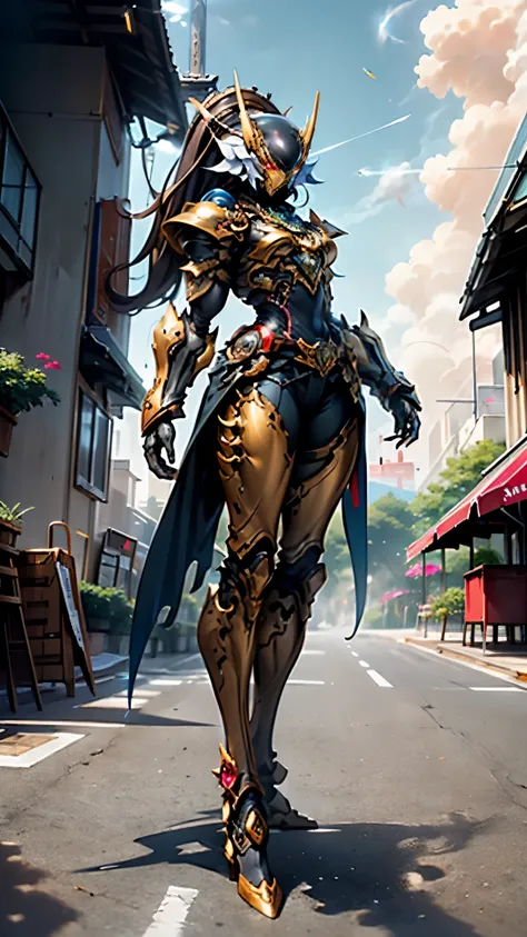 a woman adorned in fantasy-style full-body armor, a crown-concept fully enclosed helmet that unveils only her eyes, a composite ...