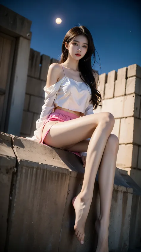 panties,underwear,see-through,sitting,skirt,pink panties,covered nipples,meadow, (masterpiece, best quality:1.2), 1girl, solo, ((gufeng,bare shoulders)), at the hilltop，Moonlight，((night)), ((full body)), ((from below)), ((sitting position, sitting at the ...