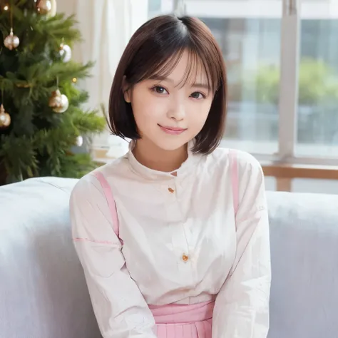 best image quality、highest quality、masterpiece、ultra high resolution、8k、immature、realistic:1.4、professional lighting、cute high school girl、baby face、very short hair、thin、Moderate size chest cup bust、smile、She is wearing a pink high neck knit、wearing denim ...