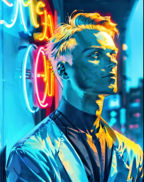 young male, blonde hair short hair, cool, neon style color mood