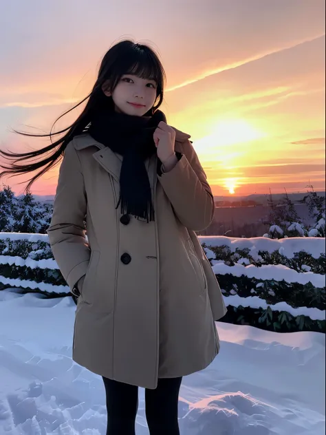 (Dressed in winter uniform with winter coat and scarf、Slender girl with long hair with blunt bangs :1.5)、smiling girl:1.5)、Scarf、light shines on your face、(Girls hair fluttering in the wind:1.5)、(Beautiful snowy sunset red sky:1.5)、(full finger:1.3)、realis...