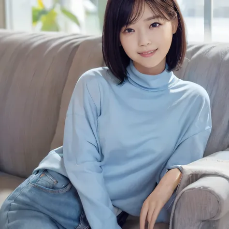 best image quality、highest quality、masterpiece、ultra high resolution、8k、immature、realistic:1.4、professional lighting、cute high school girl、baby face、very short hair、thin、Moderate size chest cup bust、smile、Wearing a light blue high neck knit、wearing denim p...