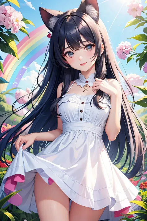 ((best quality)), ((masterpiece)), (detailed), perfect face a cute lolicon girl Big eyes buried in colourful flowers rainbow colour hair rainbow colour skin pressing her breast 