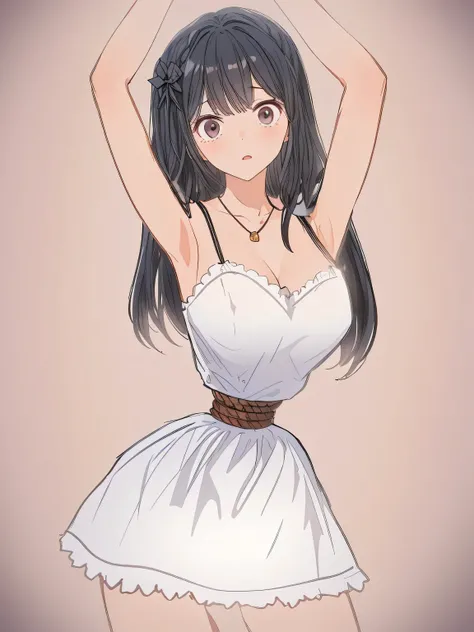 ((masterpiece)), ((highest quality)), (Super detailed), torture chamber,(((The rope tightens around my waist))),pretty girl, 1 girl, alone,Black Camisole Dress,beautiful black hair, (beautiful black eyes), long hair, expression of agony