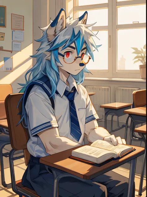 male gray wolf，Long white hair with blue highlights，Blue-red eyes，gold frame square glasses，Sitting in the classroom and studying，Wearing blue and white school uniform，Slimmer figure，male high school student，The seat is in the back row by the window ，at du...