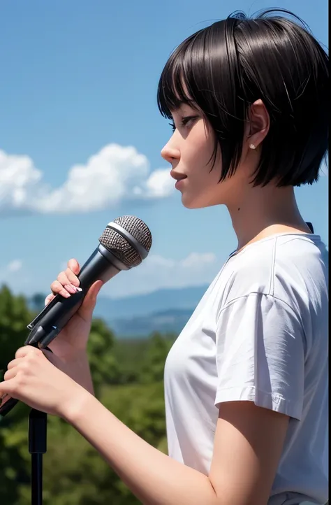 highest quality, profile, high school student, 18-year-old, woman, profile, black hair, short hair, sing, hold the microphone with your right hand, closed my eyes, clear sky, outdoors, background is sky, bright colors, beautiful and natural nails, Rim ligh...