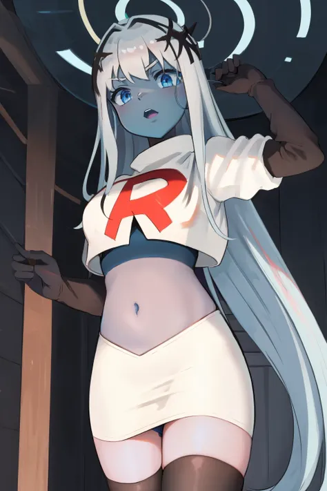 001,masterpiece,((blue skin)), team rocket,team rocket uniform,white skirt,red letter R,crop top,black thigh-highs,black elbow gloves