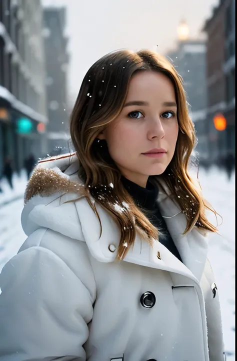 Professional selfie of a beautiful 33-year-old Brie Larson in winter clothes with long light brown hair with wavy blonde tips, (( flirty look)), freckles, beautiful symmetrical face, beautiful natural makeup, ((standing outside on the snowy city street)), ...