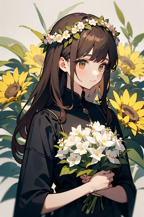 Woman wearing cute black clothes, solo, flowers, flower wreath, brown hair, beautiful hair, upper body,